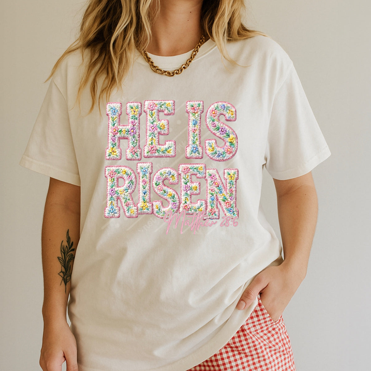 He is Risen floral font with Matthew 28:6 DTF Transfer
