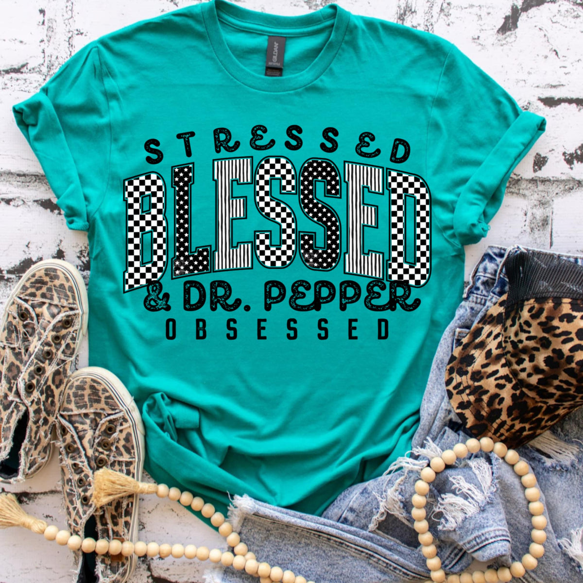 Stressed Blessed pepper obsessed GRAYSCALE black words REVEL DTF transfer
