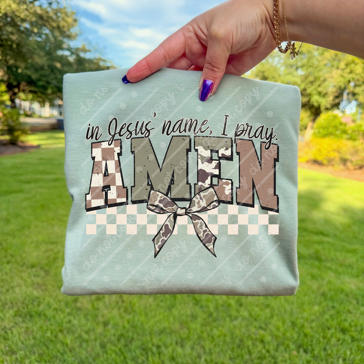 In Jesus name Amen bow (scarlow) DTF transfer