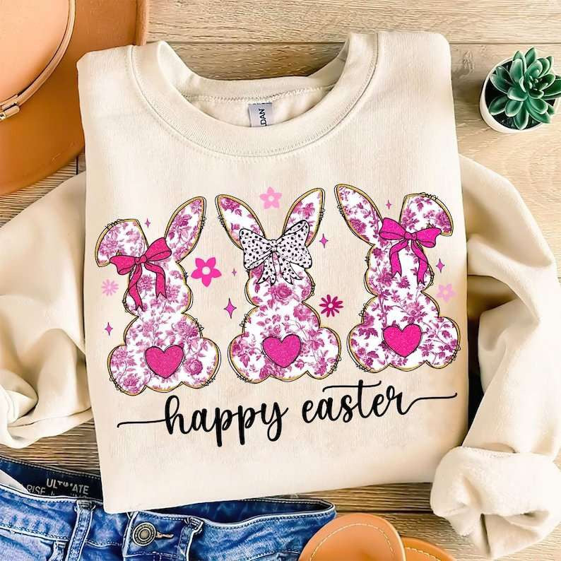 Happy Easter trio pink floral bunnies 84367 DTF transfer