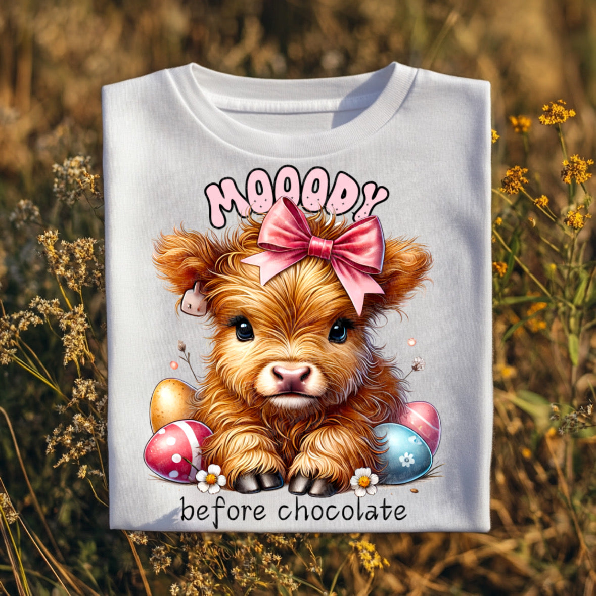 Moody before chocolate baby cow with pink bow (UDD) 68694 dtf transfer