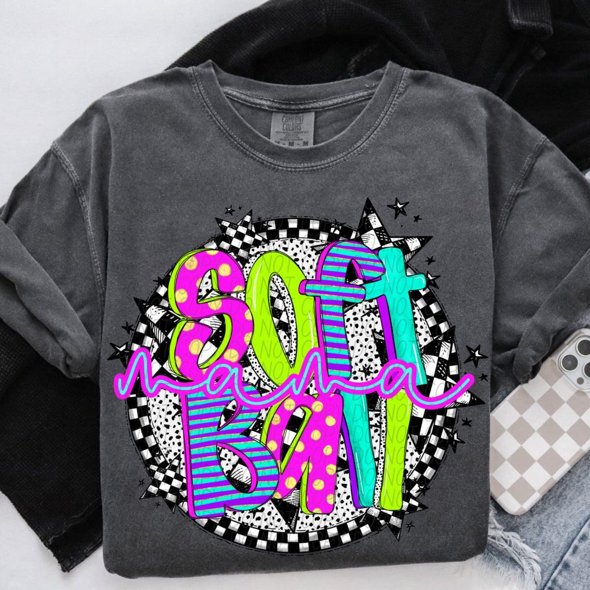 Softball mama neon font circle (CITY) 91296 DTF transfer