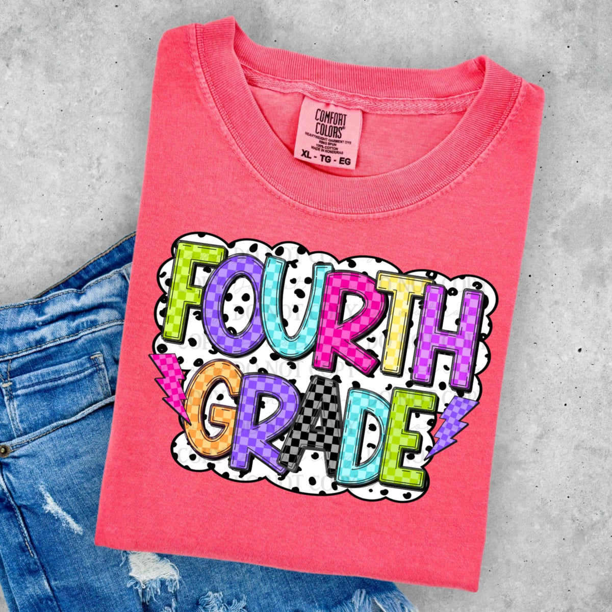 Fourth Grade neon checker and polka dot ABD DTF transfer