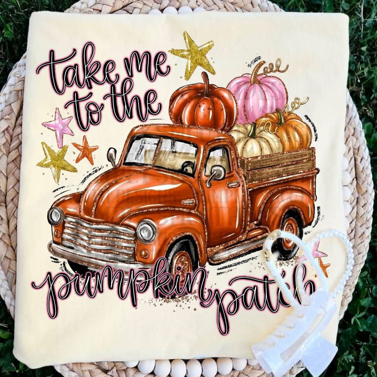 Take me to the pumpkin patch painted truck and pumpkins gold stars  SUNDAY SPECIAL DTF transfer