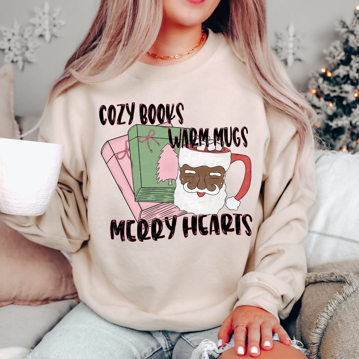Cozy books warm hearts merry hugs and Black Santa mug black letters 30196 DTF transfer
