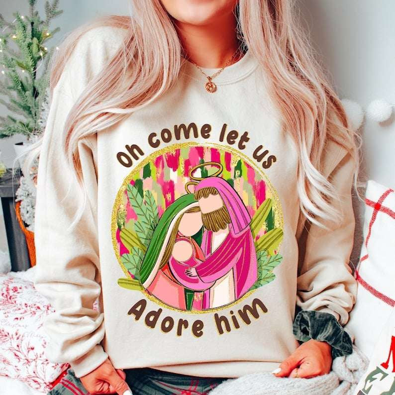 Oh come let us adore him green and pink clothes 67896 DTF transfer