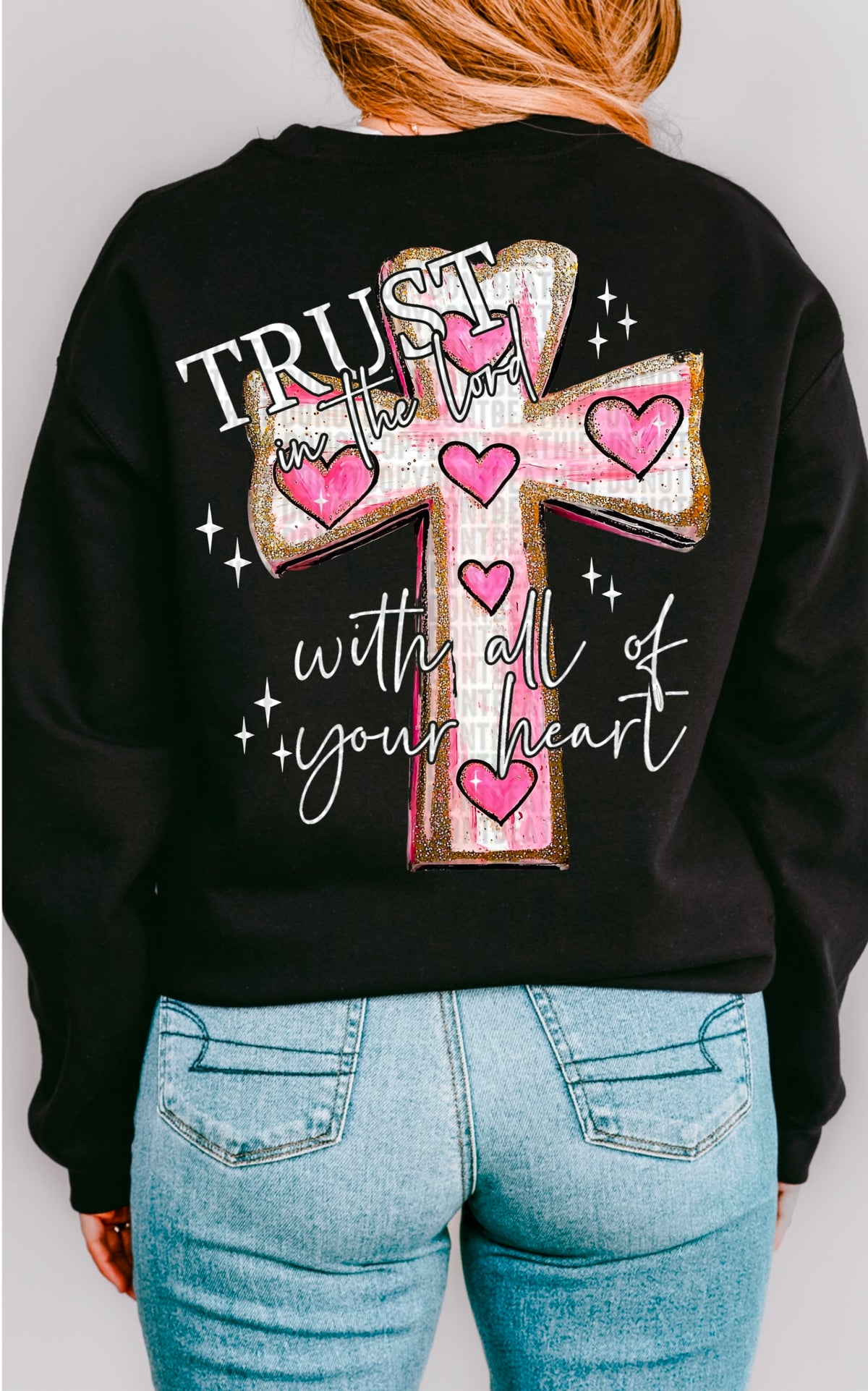 Trust in the lord with all your heart pink cross white font 93385 DTF transfer