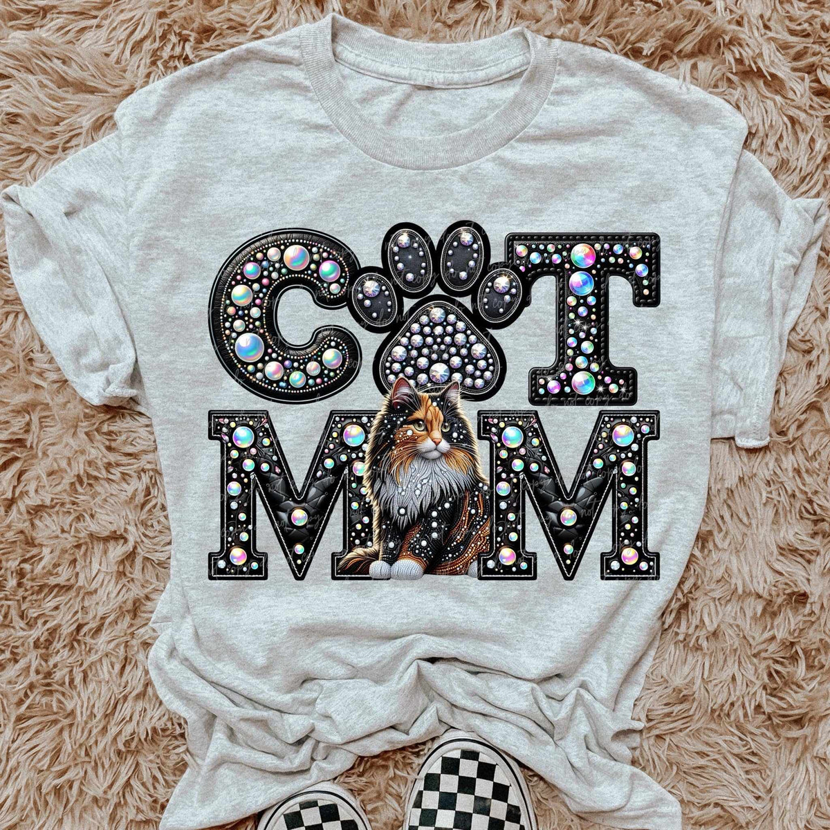 Long hair Calico Cat mom rhinestone 49193 DTF transfer