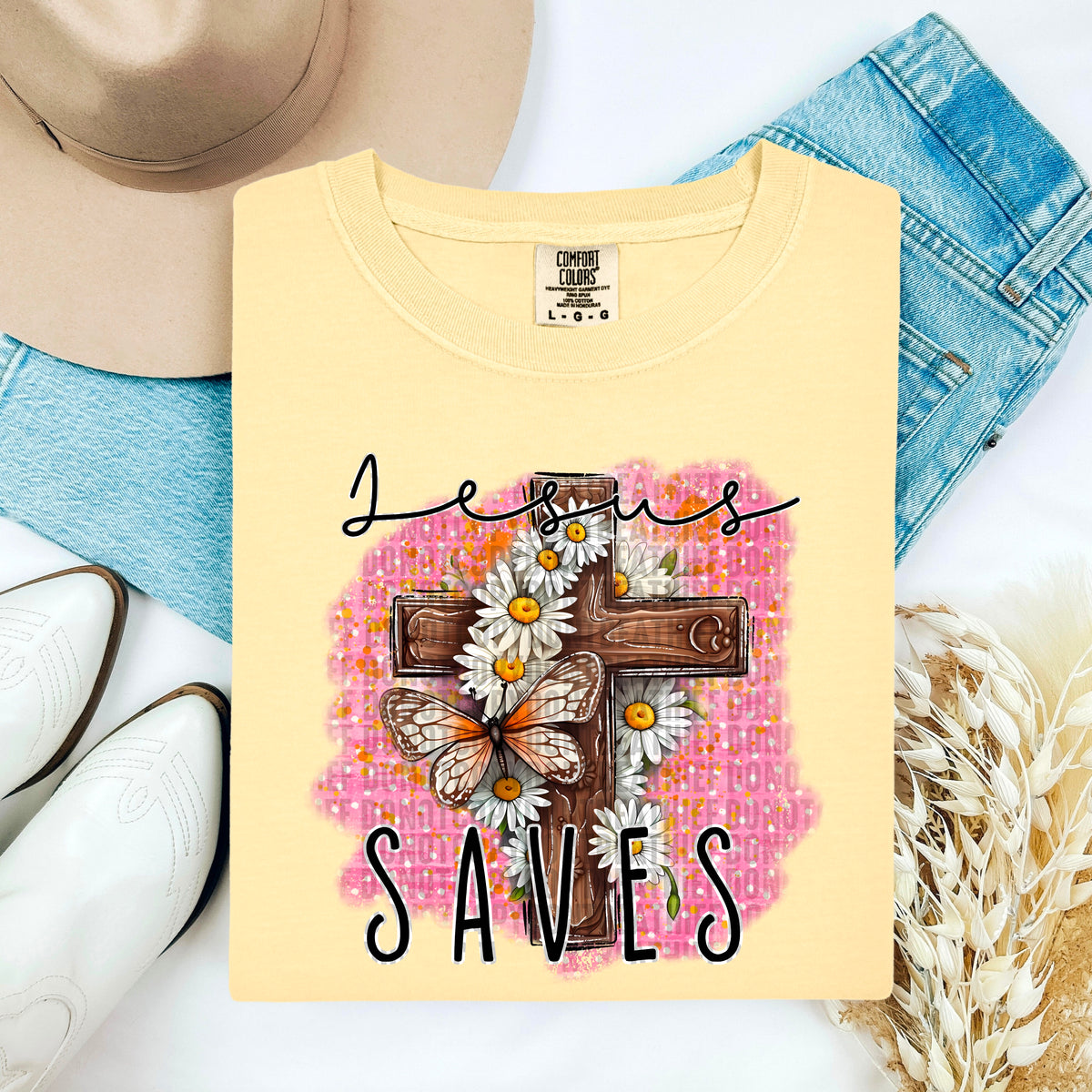 Jesus saved cross pink background 103423 DTF transfer