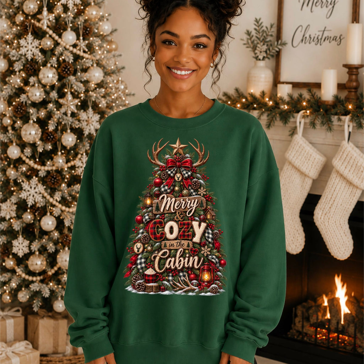 Merry and cozy in the cabin red plaid lettering Christmas tree with antlers (SDD) DTF transfer