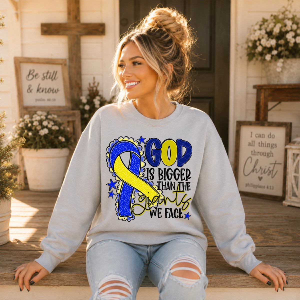 God is bigger than the giants we face BLUE AND YELLOW  ribbon (SDD) DTF Transfer