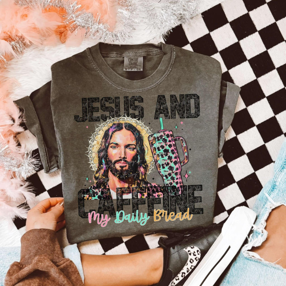 Jesus and caffeine my daily bread black and colorful font 93936 DTF transfer