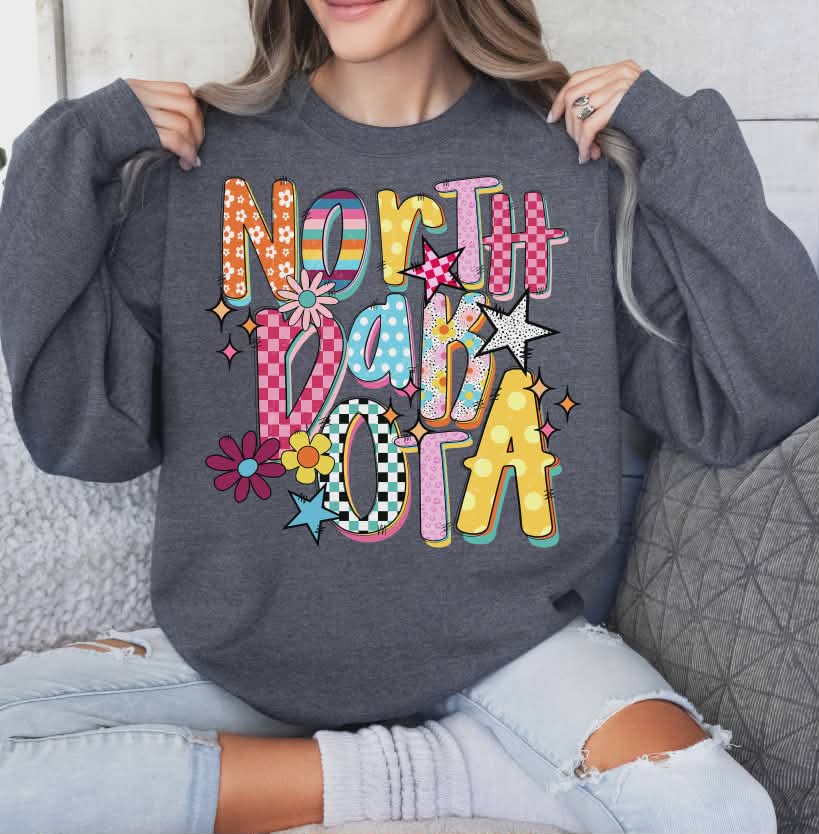 North Dakota colorful stars and flowers (S&G) DTF Transfer