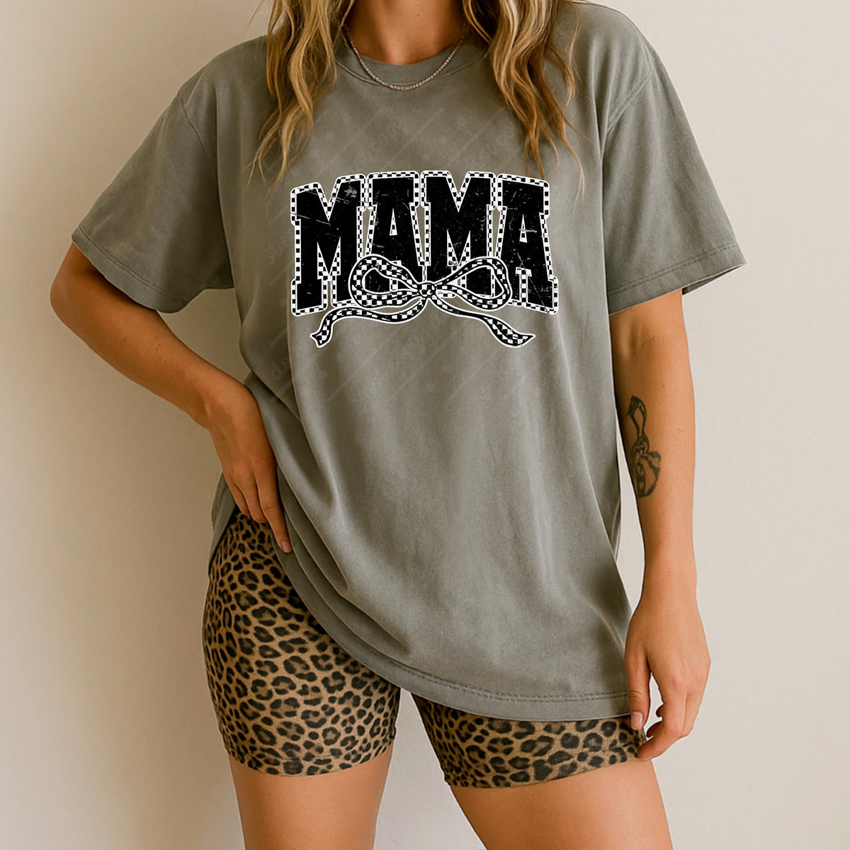 Mama checker and bow (DISTRESSED varsity font) DTF Transfer