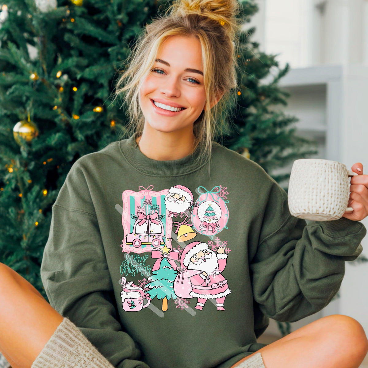 Pink Christmas collage (Santa, tree and car) 113844 DTF Transfer