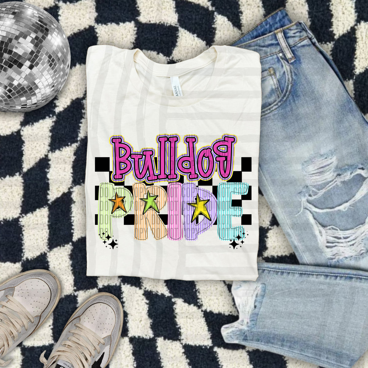 Bulldog Pride - Colorful Stripe With Stars And Checker 108182 DTF transfer