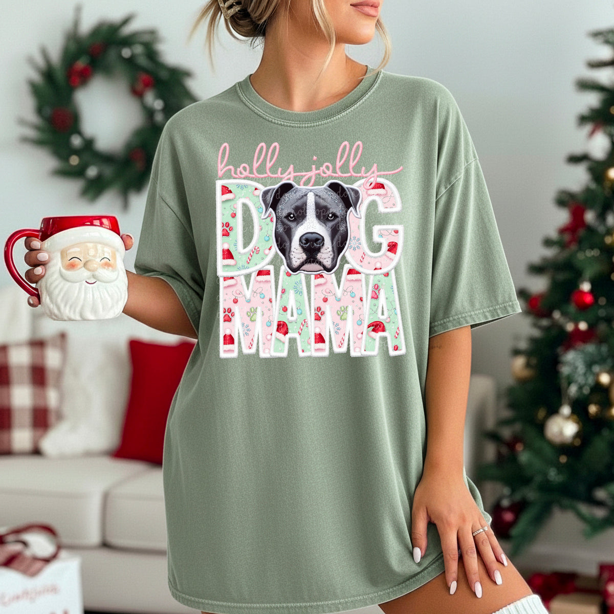 Pitbull black and white Holly Jolly Dog Mama 115620 DTF Transfer
