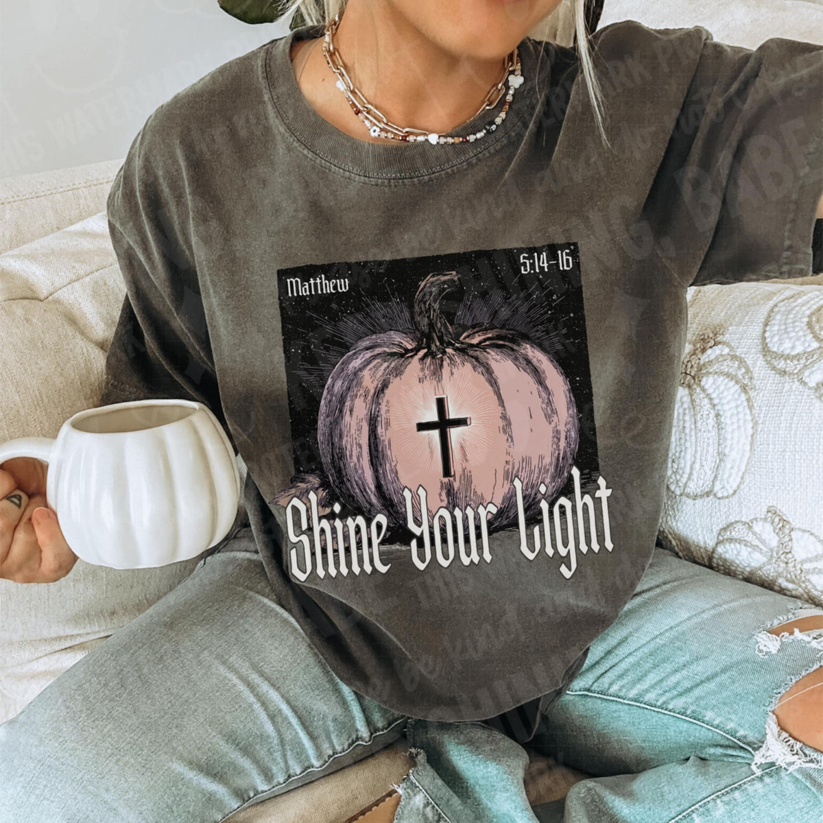 Shine Your Light pumpkin and cross (two peas) DTF transfer