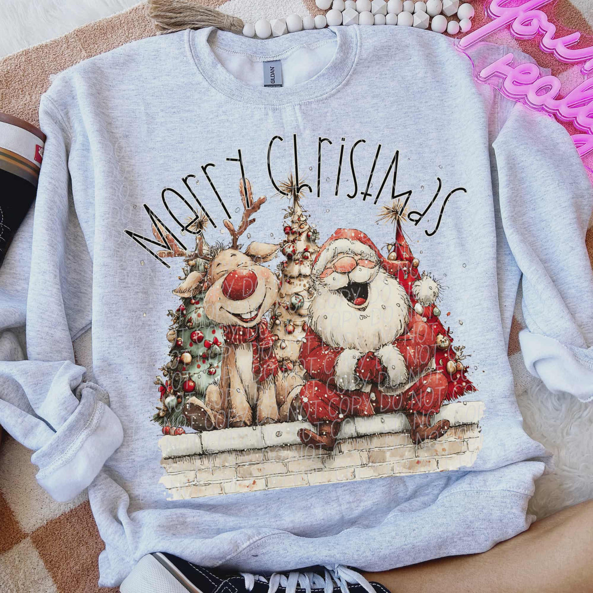 Merry Christmas reindeer and Santa (black text) (city) DTF transfer