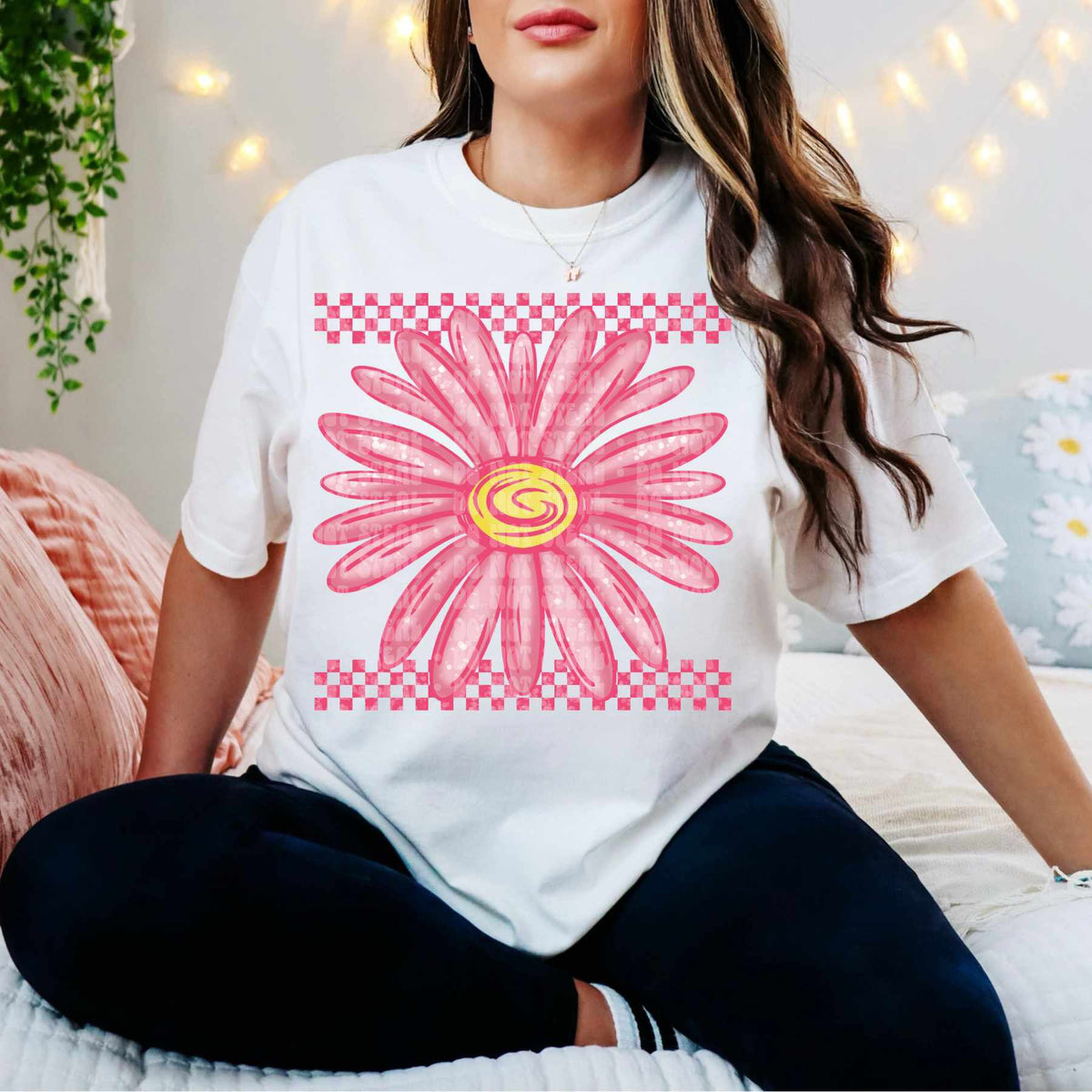 Pink flower checkered border (LANE) 84204 DTF transfer