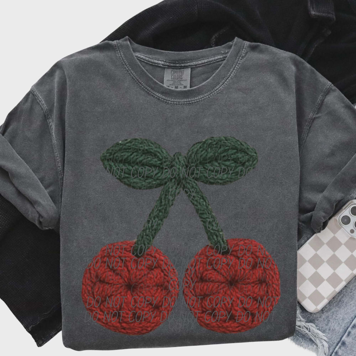 Faux crochet cherries (city) DTF transfer