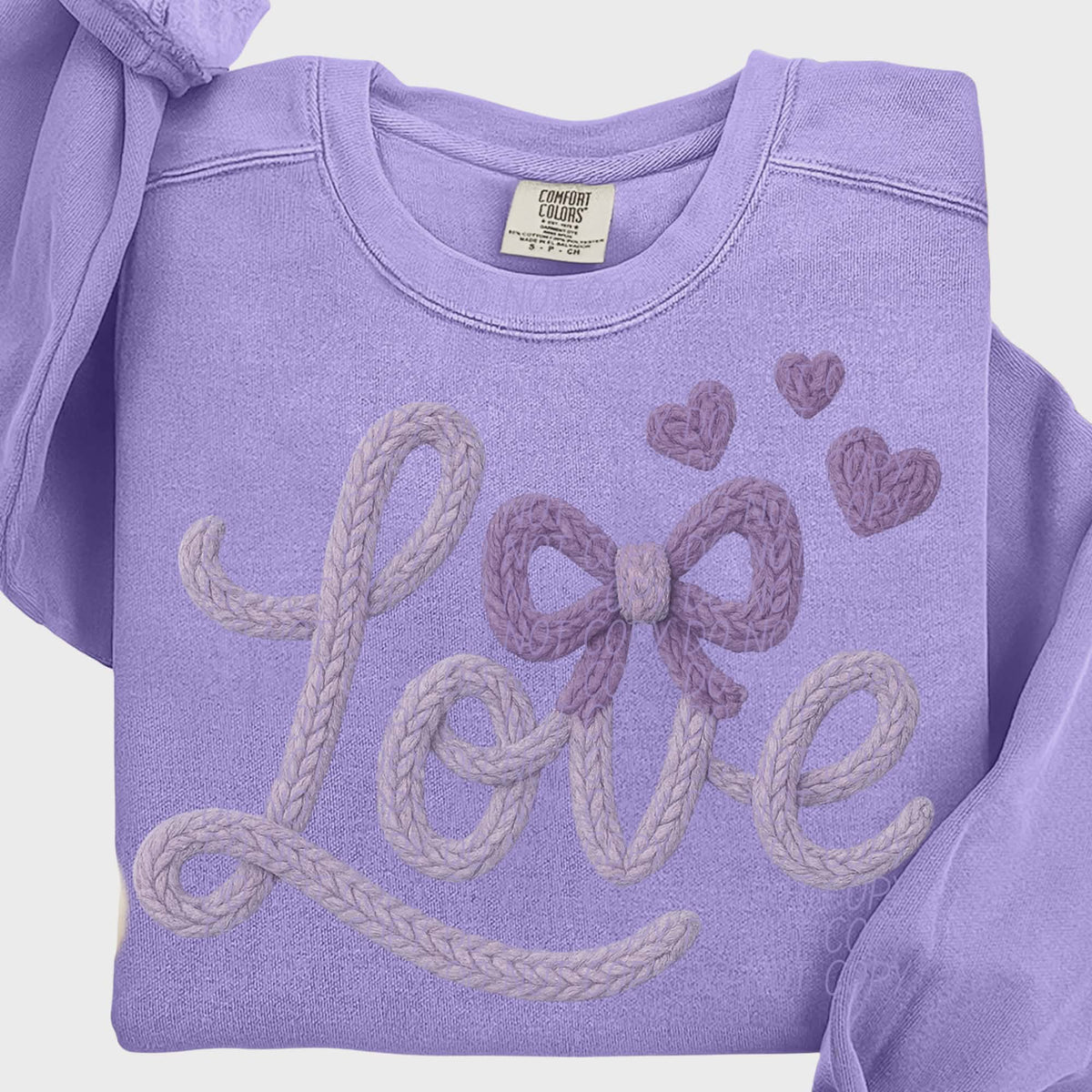 Purple faux crochet Love (city) DTF transfer