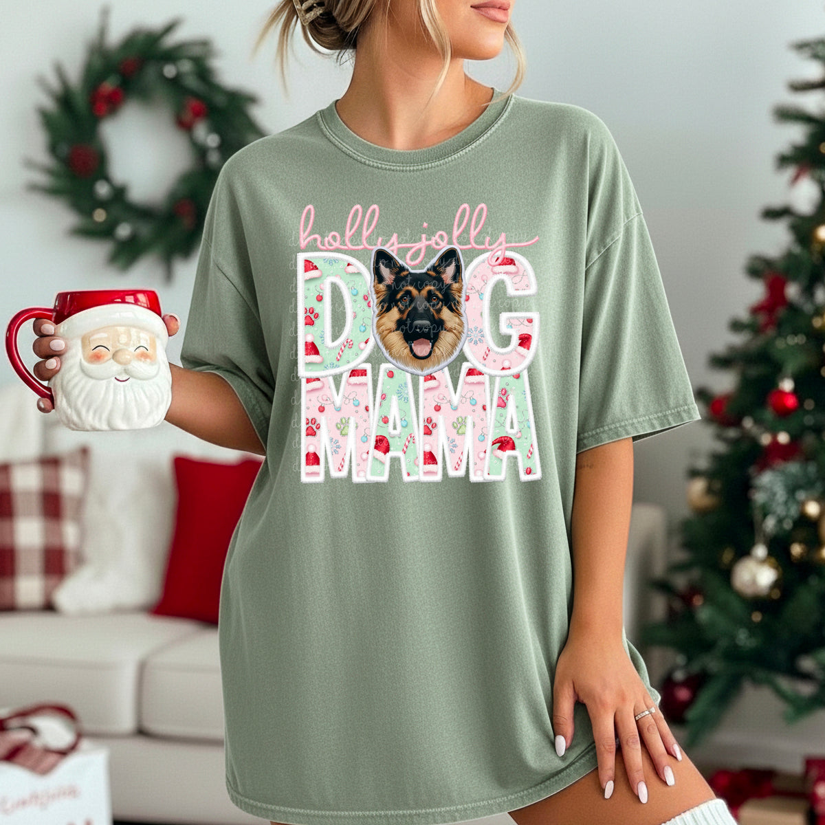 German Shepherd tan Holly Jolly Dog Mama 115637 DTF Transfer