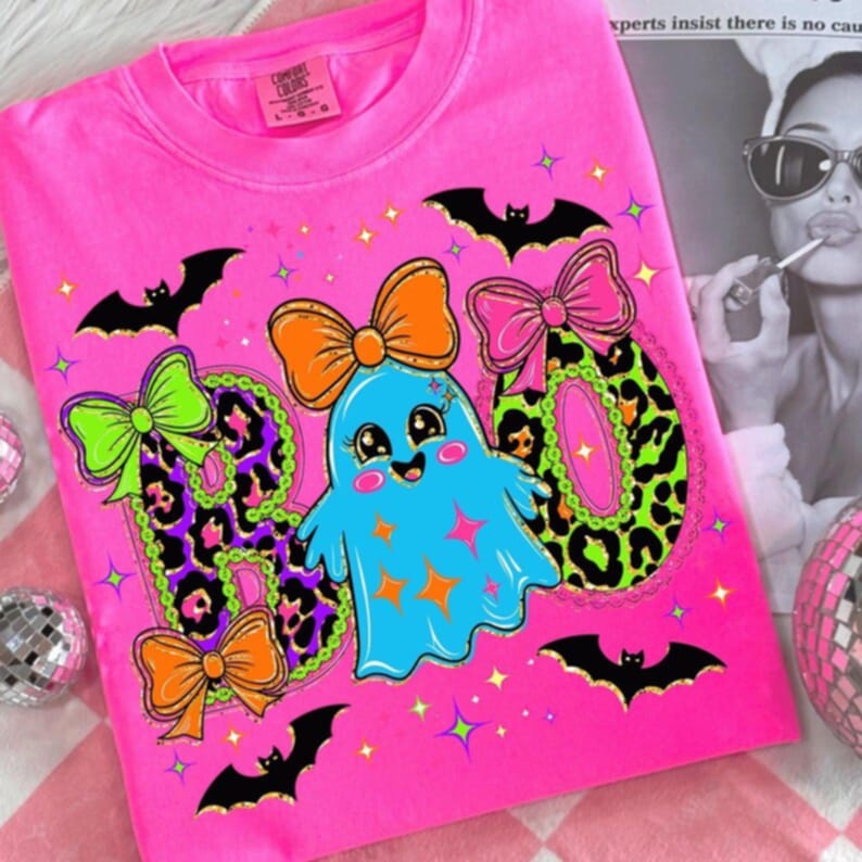 Boo Neon with cute ghost and leopard DTF transfer
