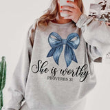 She is worthy blue bow black font 73850 DTF transfer