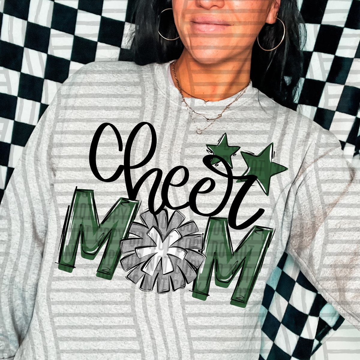cheer mom hunter green with silver pompom and stars (Caplinger) DTF transfer