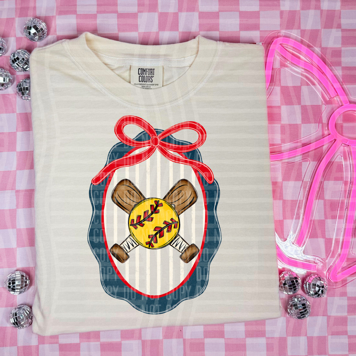 Softball oval frame RED bow (Caplinger) DTF Transfer