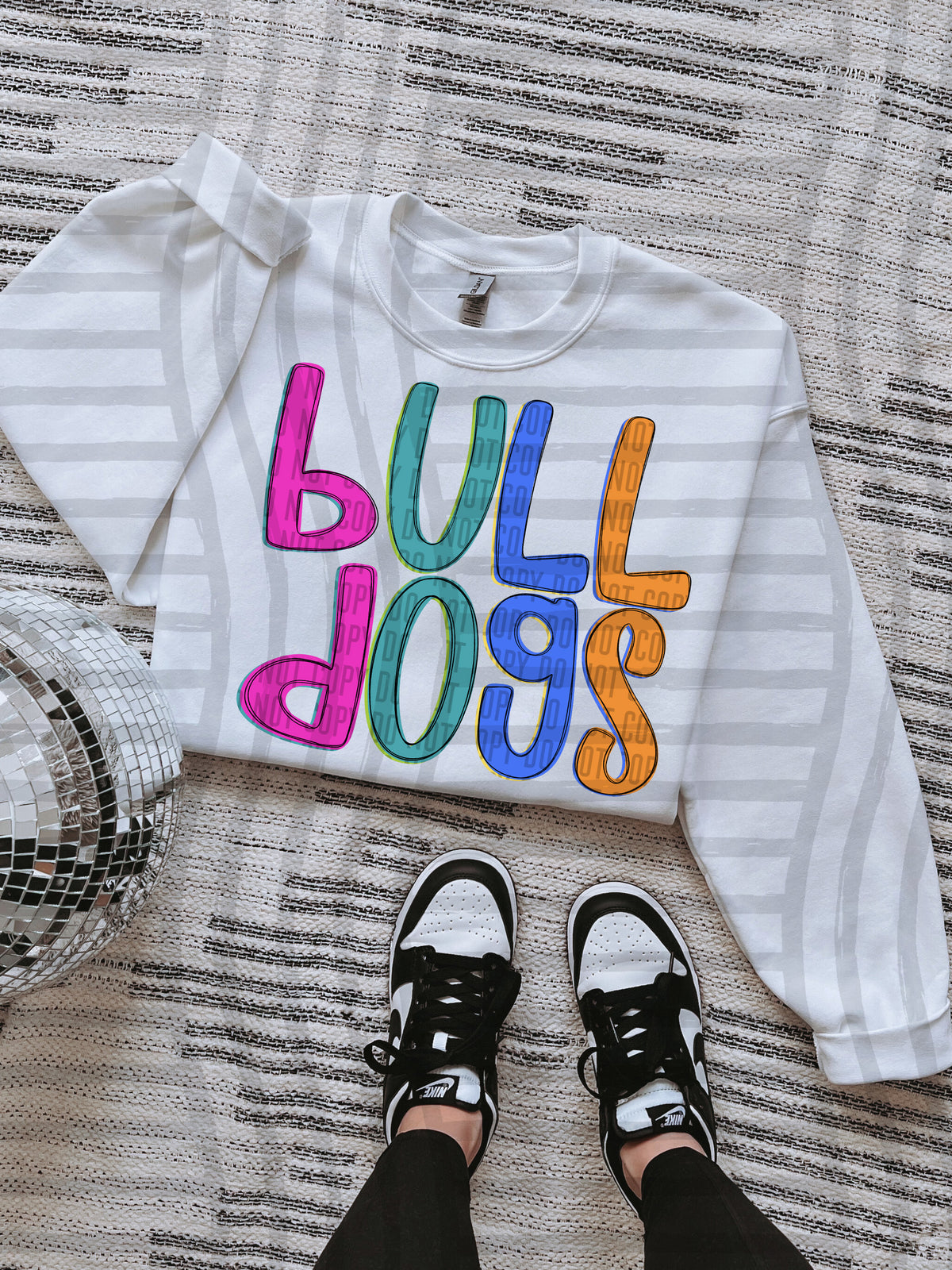 green, blue, pink and orange bulldogs stacked (Caplinger) DTF Transfer