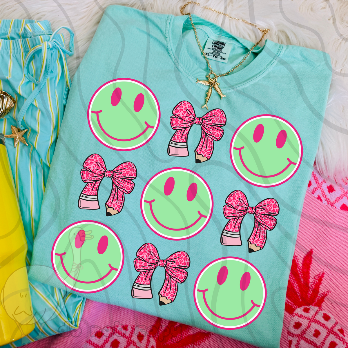 Green and pink happy face and pencil bow collage (DKD) DTF Transfer