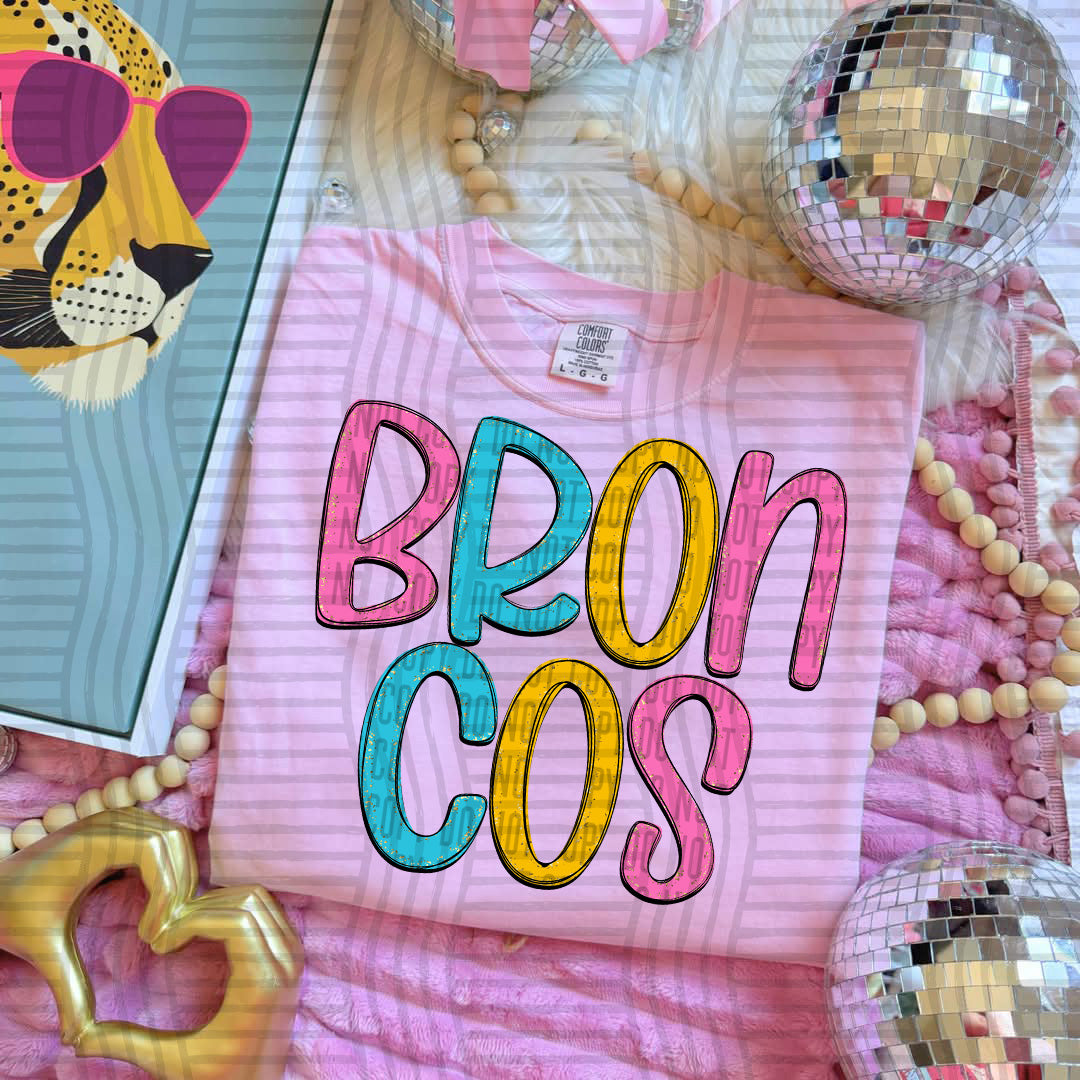 blue yellow and pink broncos stacked (Caplinger) DTF Transfer