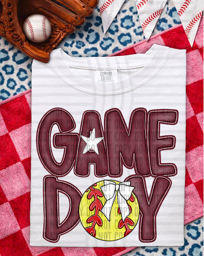 maroon game day baseball white bow (Caplinger) DTF Transfer