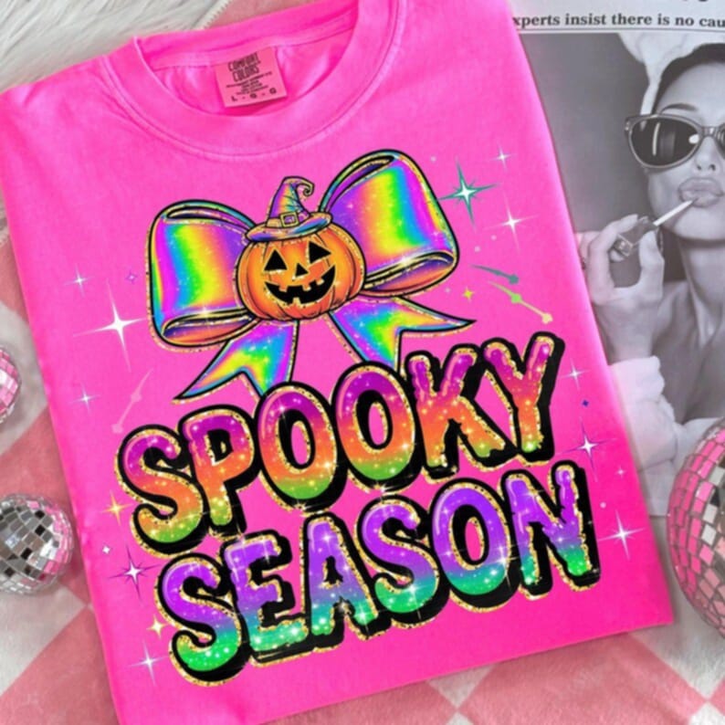 Spooky Season rainbow with pumpkin bow 111178 DTF transfer