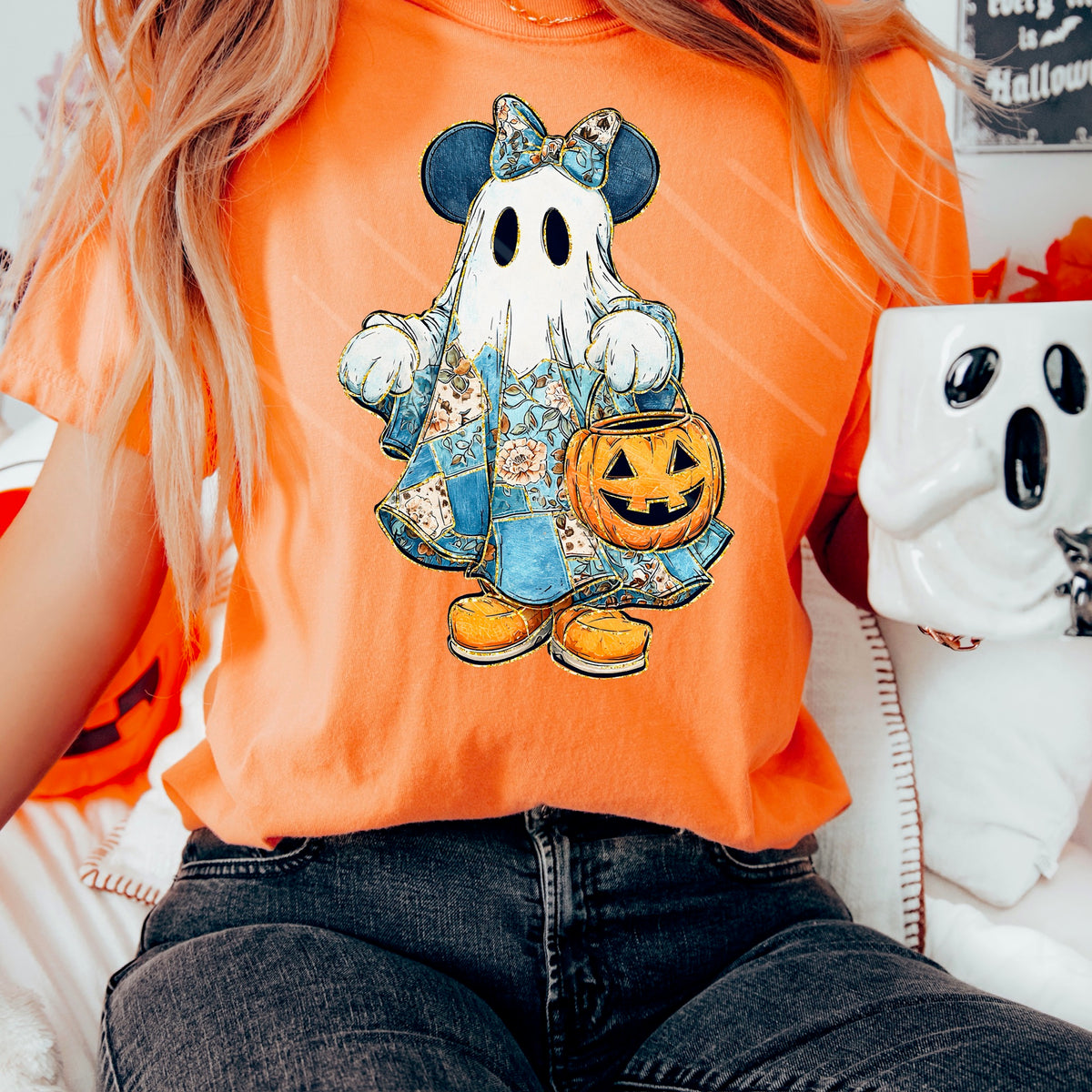 Girl Patchwork Mouse with pumpkin bucket 111872 DTF transfer