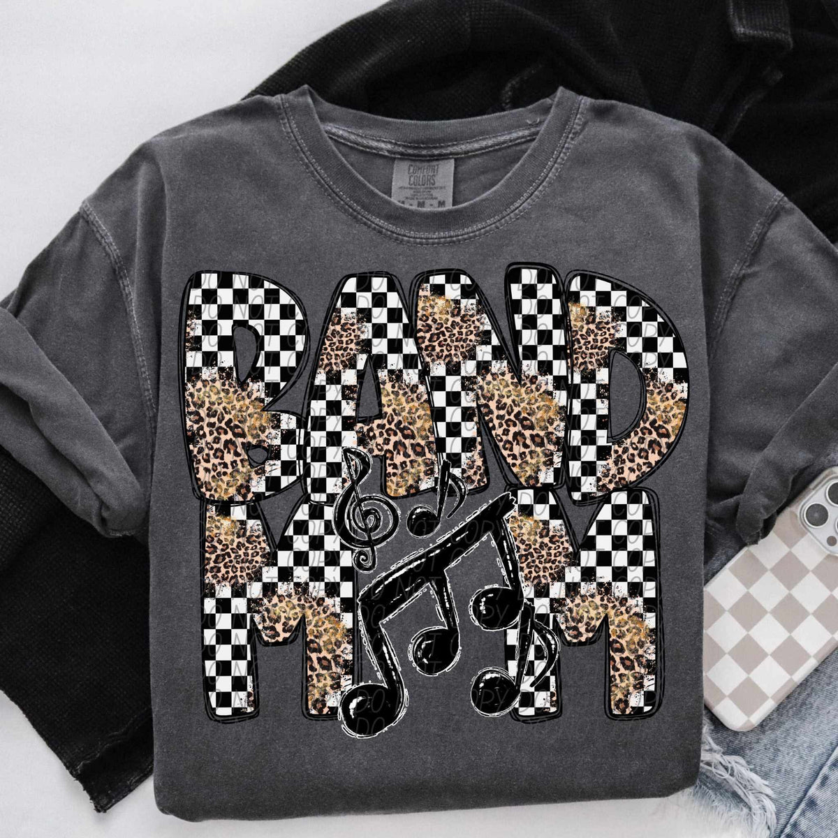 Band mom music notes leopard and checkered font city DTF transfer