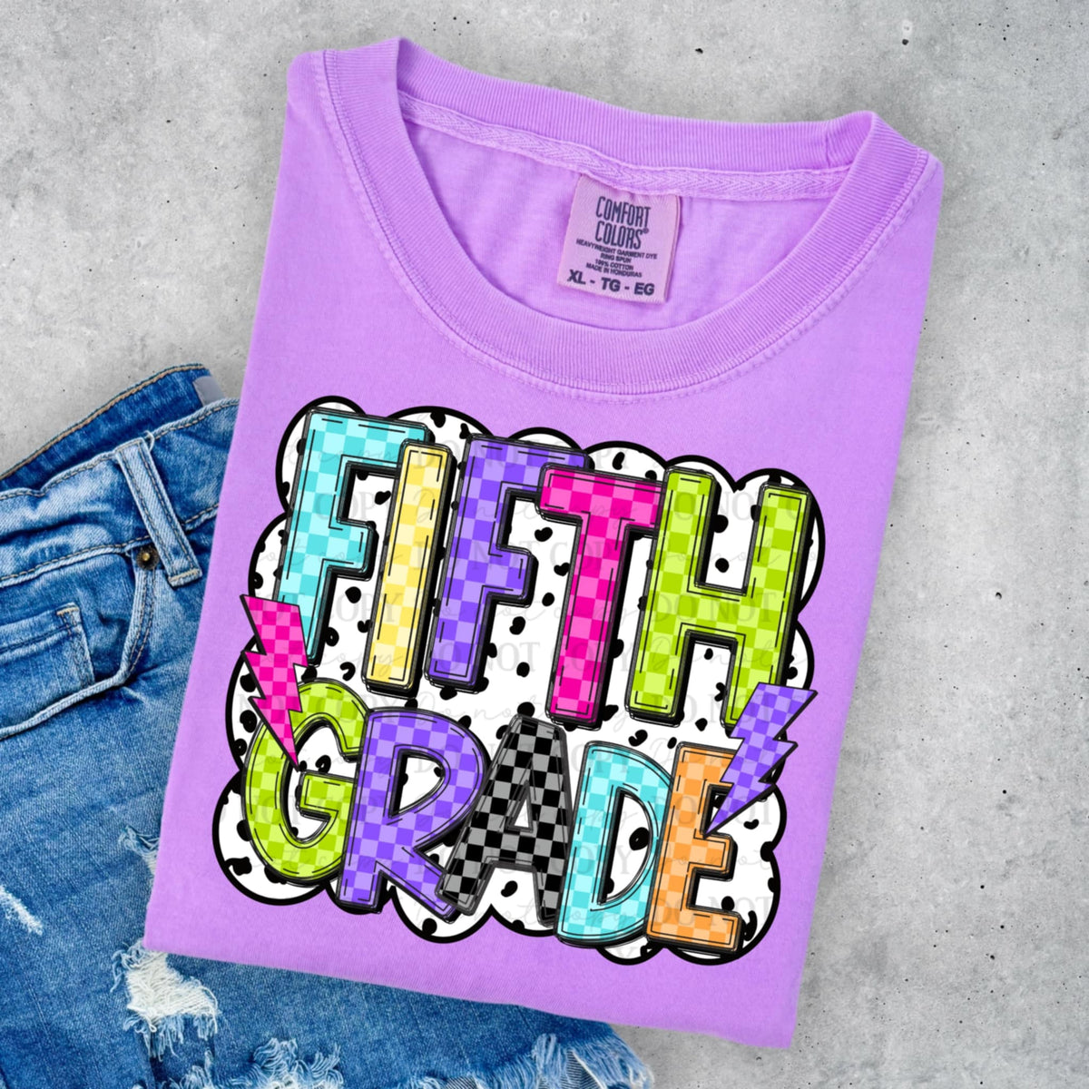 Fifth Grade neon checker and polka dot ABD DTF transfer