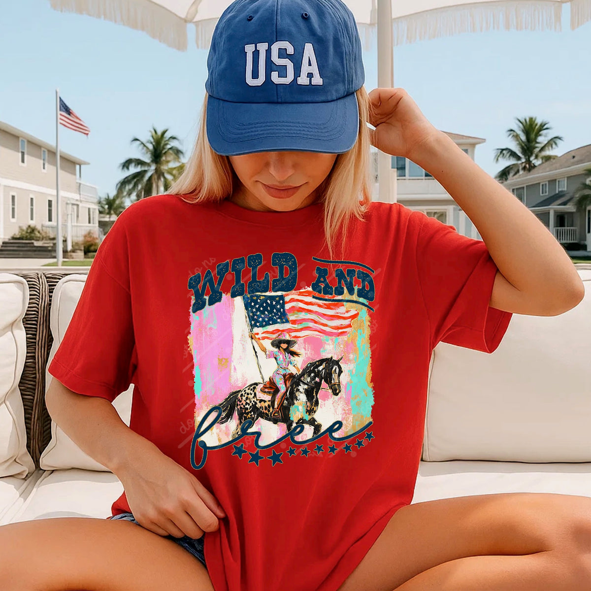 Wild and Free horse with American flag DTF Transfer