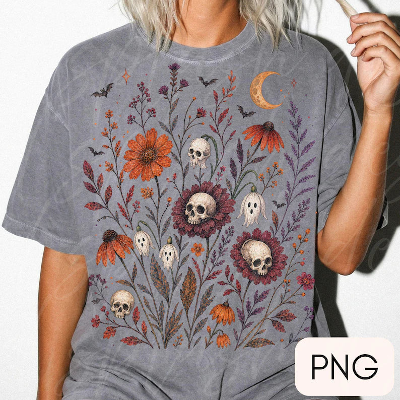 Skull and ghost flowers Sunday Special DTF transfer