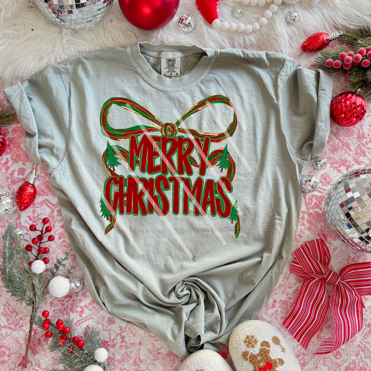 Merry Christmas green red and gold bow 113631 DTF Transfer