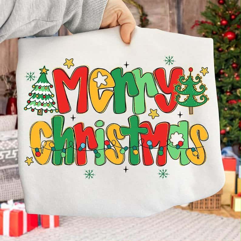 Merry Christmas with lights and stars (red yellow and green)  DTF transfer