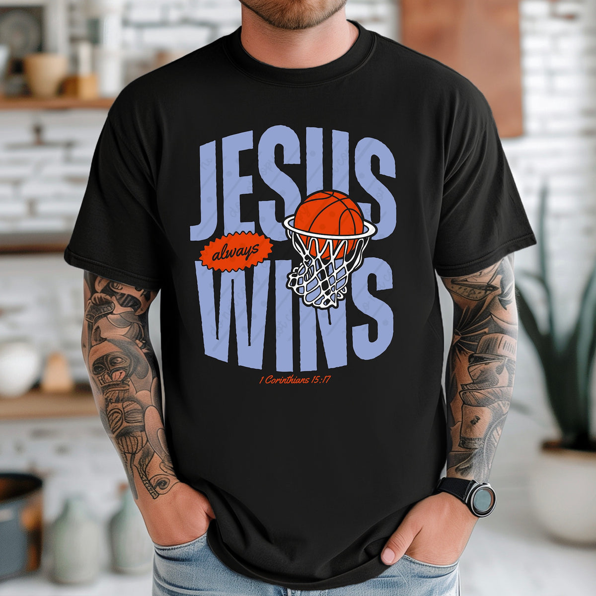 Jesus wins basketball net (denim blue) DTF Transfer