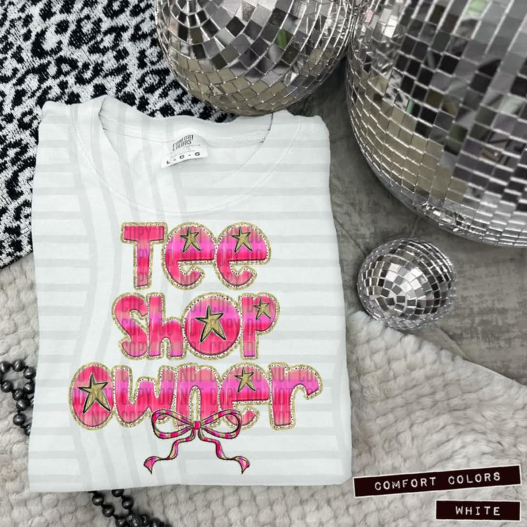 Tee shop owner pink with bow (Caplinger) 100612 DTF transfer