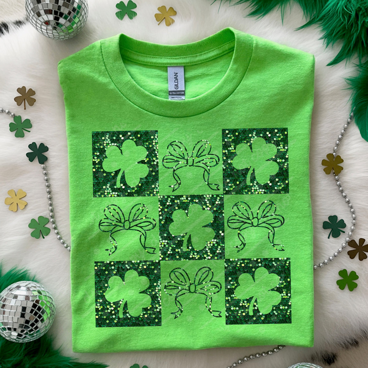 Clover Bows Checker faux sequins DTF transfer