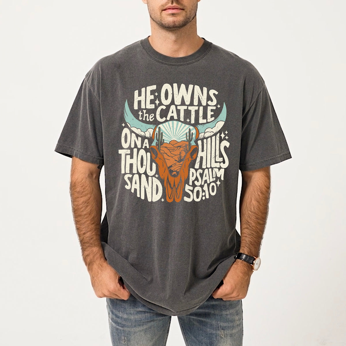 He owns the cattle (white words w/ blue and orange) DTF Transfer