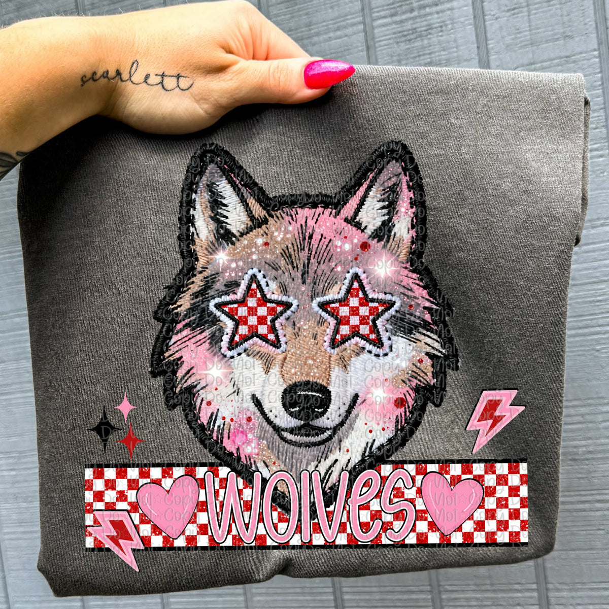 Wolves faux embroidery valentines (virgo) DTF transfer