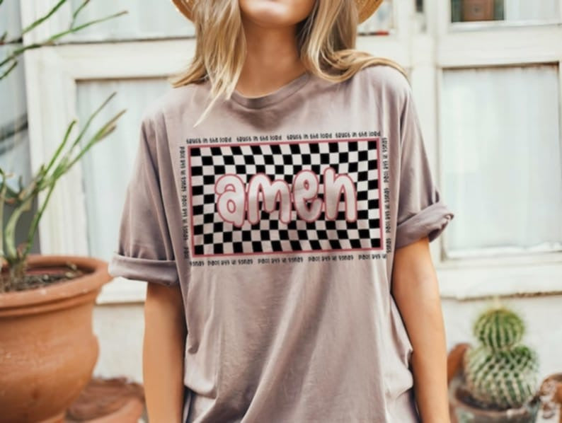 Amen checkered background with red outline 87744 DTF transfer