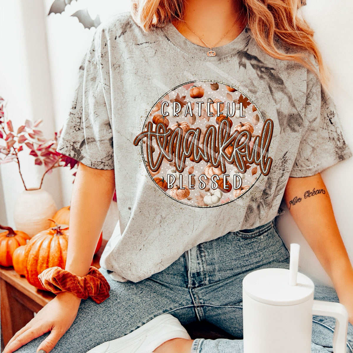 Grateful Thankful pumpkin circle 114091 DTF transfer